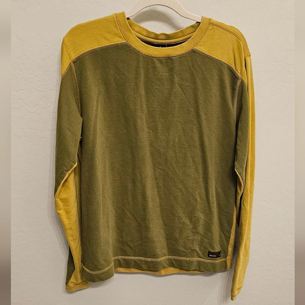 Prana Olive Green and Mustard Yellow Colorblock Crewneck Sweater